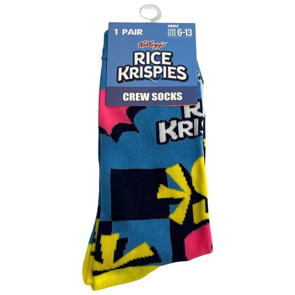 Retro Cereal Crew Socks — Funny Foodie Gift, Bright Blue & Yellow Men’s 6-13 - Picture 1 of 2